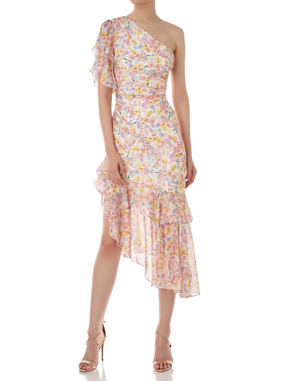 AMUR CLAYTON SILK FLORAL ONE SHOULDER RUFFLE ASYMMETRIC MIDI DRESS SIZE 6